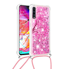 Silicone Candy Rubber TPU Bling-Bling Soft Case Cover with Lanyard Strap S02 for Samsung Galaxy A70 Hot Pink