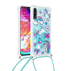 Silicone Candy Rubber TPU Bling-Bling Soft Case Cover with Lanyard Strap S02 for Samsung Galaxy A70 Sky Blue