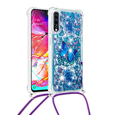 Silicone Candy Rubber TPU Bling-Bling Soft Case Cover with Lanyard Strap S02 for Samsung Galaxy A70S Blue