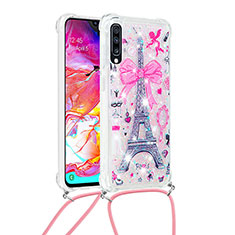Silicone Candy Rubber TPU Bling-Bling Soft Case Cover with Lanyard Strap S02 for Samsung Galaxy A70S Pink
