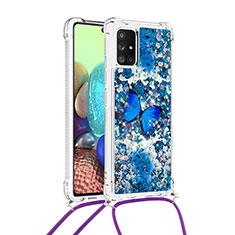 Silicone Candy Rubber TPU Bling-Bling Soft Case Cover with Lanyard Strap S02 for Samsung Galaxy A71 4G A715 Blue