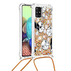 Silicone Candy Rubber TPU Bling-Bling Soft Case Cover with Lanyard Strap S02 for Samsung Galaxy A71 4G A715 Gold