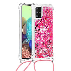 Silicone Candy Rubber TPU Bling-Bling Soft Case Cover with Lanyard Strap S02 for Samsung Galaxy A71 4G A715 Hot Pink