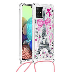Silicone Candy Rubber TPU Bling-Bling Soft Case Cover with Lanyard Strap S02 for Samsung Galaxy A71 4G A715 Pink