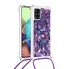 Silicone Candy Rubber TPU Bling-Bling Soft Case Cover with Lanyard Strap S02 for Samsung Galaxy A71 4G A715 Purple