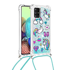 Silicone Candy Rubber TPU Bling-Bling Soft Case Cover with Lanyard Strap S02 for Samsung Galaxy A71 4G A715 Sky Blue