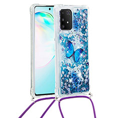 Silicone Candy Rubber TPU Bling-Bling Soft Case Cover with Lanyard Strap S02 for Samsung Galaxy A91 Blue