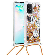 Silicone Candy Rubber TPU Bling-Bling Soft Case Cover with Lanyard Strap S02 for Samsung Galaxy A91 Gold