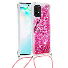 Silicone Candy Rubber TPU Bling-Bling Soft Case Cover with Lanyard Strap S02 for Samsung Galaxy A91 Hot Pink