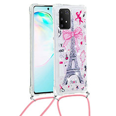 Silicone Candy Rubber TPU Bling-Bling Soft Case Cover with Lanyard Strap S02 for Samsung Galaxy A91 Pink