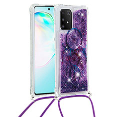 Silicone Candy Rubber TPU Bling-Bling Soft Case Cover with Lanyard Strap S02 for Samsung Galaxy A91 Purple