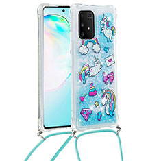 Silicone Candy Rubber TPU Bling-Bling Soft Case Cover with Lanyard Strap S02 for Samsung Galaxy A91 Sky Blue