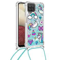 Silicone Candy Rubber TPU Bling-Bling Soft Case Cover with Lanyard Strap S02 for Samsung Galaxy F12 Sky Blue