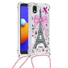 Silicone Candy Rubber TPU Bling-Bling Soft Case Cover with Lanyard Strap S02 for Samsung Galaxy M01 Core Pink