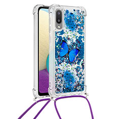 Silicone Candy Rubber TPU Bling-Bling Soft Case Cover with Lanyard Strap S02 for Samsung Galaxy M02 Blue