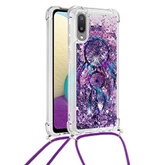 Silicone Candy Rubber TPU Bling-Bling Soft Case Cover with Lanyard Strap S02 for Samsung Galaxy M02 Purple