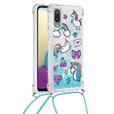 Silicone Candy Rubber TPU Bling-Bling Soft Case Cover with Lanyard Strap S02 for Samsung Galaxy M02 Sky Blue