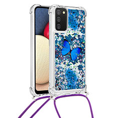 Silicone Candy Rubber TPU Bling-Bling Soft Case Cover with Lanyard Strap S02 for Samsung Galaxy M02s Blue