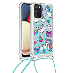 Silicone Candy Rubber TPU Bling-Bling Soft Case Cover with Lanyard Strap S02 for Samsung Galaxy M02s Sky Blue