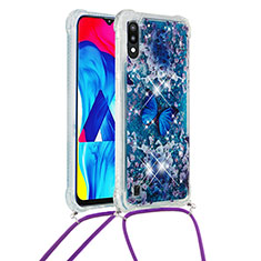 Silicone Candy Rubber TPU Bling-Bling Soft Case Cover with Lanyard Strap S02 for Samsung Galaxy M10 Blue