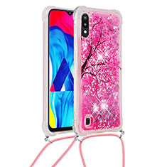 Silicone Candy Rubber TPU Bling-Bling Soft Case Cover with Lanyard Strap S02 for Samsung Galaxy M10 Hot Pink