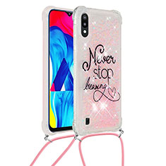 Silicone Candy Rubber TPU Bling-Bling Soft Case Cover with Lanyard Strap S02 for Samsung Galaxy M10 Pink