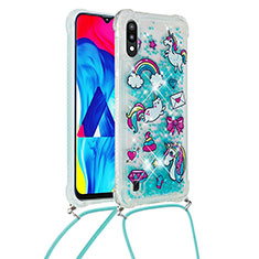 Silicone Candy Rubber TPU Bling-Bling Soft Case Cover with Lanyard Strap S02 for Samsung Galaxy M10 Sky Blue