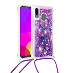 Silicone Candy Rubber TPU Bling-Bling Soft Case Cover with Lanyard Strap S02 for Samsung Galaxy M10S Purple