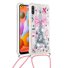 Silicone Candy Rubber TPU Bling-Bling Soft Case Cover with Lanyard Strap S02 for Samsung Galaxy M11 Pink