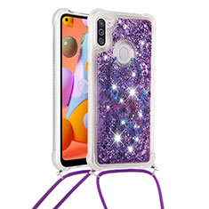 Silicone Candy Rubber TPU Bling-Bling Soft Case Cover with Lanyard Strap S02 for Samsung Galaxy M11 Purple