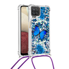 Silicone Candy Rubber TPU Bling-Bling Soft Case Cover with Lanyard Strap S02 for Samsung Galaxy M12 Blue