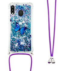 Silicone Candy Rubber TPU Bling-Bling Soft Case Cover with Lanyard Strap S02 for Samsung Galaxy M20 Blue