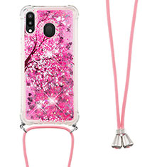Silicone Candy Rubber TPU Bling-Bling Soft Case Cover with Lanyard Strap S02 for Samsung Galaxy M20 Hot Pink