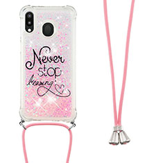 Silicone Candy Rubber TPU Bling-Bling Soft Case Cover with Lanyard Strap S02 for Samsung Galaxy M20 Pink