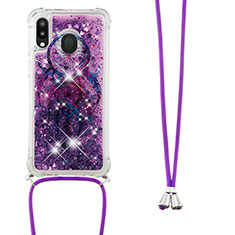 Silicone Candy Rubber TPU Bling-Bling Soft Case Cover with Lanyard Strap S02 for Samsung Galaxy M20 Purple
