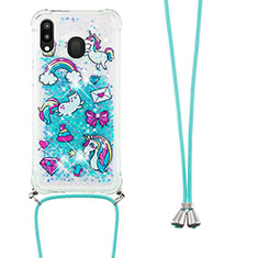 Silicone Candy Rubber TPU Bling-Bling Soft Case Cover with Lanyard Strap S02 for Samsung Galaxy M20 Sky Blue