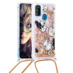 Silicone Candy Rubber TPU Bling-Bling Soft Case Cover with Lanyard Strap S02 for Samsung Galaxy M21 Gold