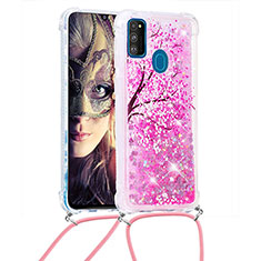 Silicone Candy Rubber TPU Bling-Bling Soft Case Cover with Lanyard Strap S02 for Samsung Galaxy M21 Hot Pink