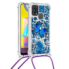 Silicone Candy Rubber TPU Bling-Bling Soft Case Cover with Lanyard Strap S02 for Samsung Galaxy M21s Blue