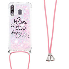 Silicone Candy Rubber TPU Bling-Bling Soft Case Cover with Lanyard Strap S02 for Samsung Galaxy M30 Pink