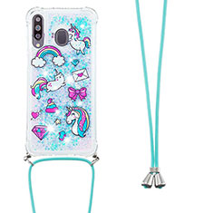Silicone Candy Rubber TPU Bling-Bling Soft Case Cover with Lanyard Strap S02 for Samsung Galaxy M30 Sky Blue