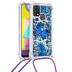 Silicone Candy Rubber TPU Bling-Bling Soft Case Cover with Lanyard Strap S02 for Samsung Galaxy M31 Prime Edition Blue
