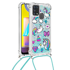 Silicone Candy Rubber TPU Bling-Bling Soft Case Cover with Lanyard Strap S02 for Samsung Galaxy M31 Sky Blue