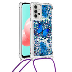 Silicone Candy Rubber TPU Bling-Bling Soft Case Cover with Lanyard Strap S02 for Samsung Galaxy M32 5G Blue