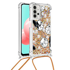 Silicone Candy Rubber TPU Bling-Bling Soft Case Cover with Lanyard Strap S02 for Samsung Galaxy M32 5G Gold