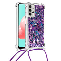 Silicone Candy Rubber TPU Bling-Bling Soft Case Cover with Lanyard Strap S02 for Samsung Galaxy M32 5G Purple