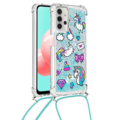 Silicone Candy Rubber TPU Bling-Bling Soft Case Cover with Lanyard Strap S02 for Samsung Galaxy M32 5G Sky Blue
