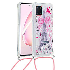 Silicone Candy Rubber TPU Bling-Bling Soft Case Cover with Lanyard Strap S02 for Samsung Galaxy M60s Pink