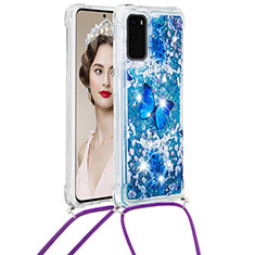 Silicone Candy Rubber TPU Bling-Bling Soft Case Cover with Lanyard Strap S02 for Samsung Galaxy S20 5G Blue