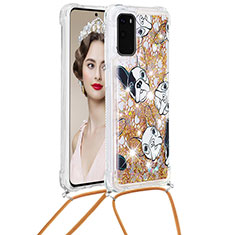 Silicone Candy Rubber TPU Bling-Bling Soft Case Cover with Lanyard Strap S02 for Samsung Galaxy S20 5G Gold